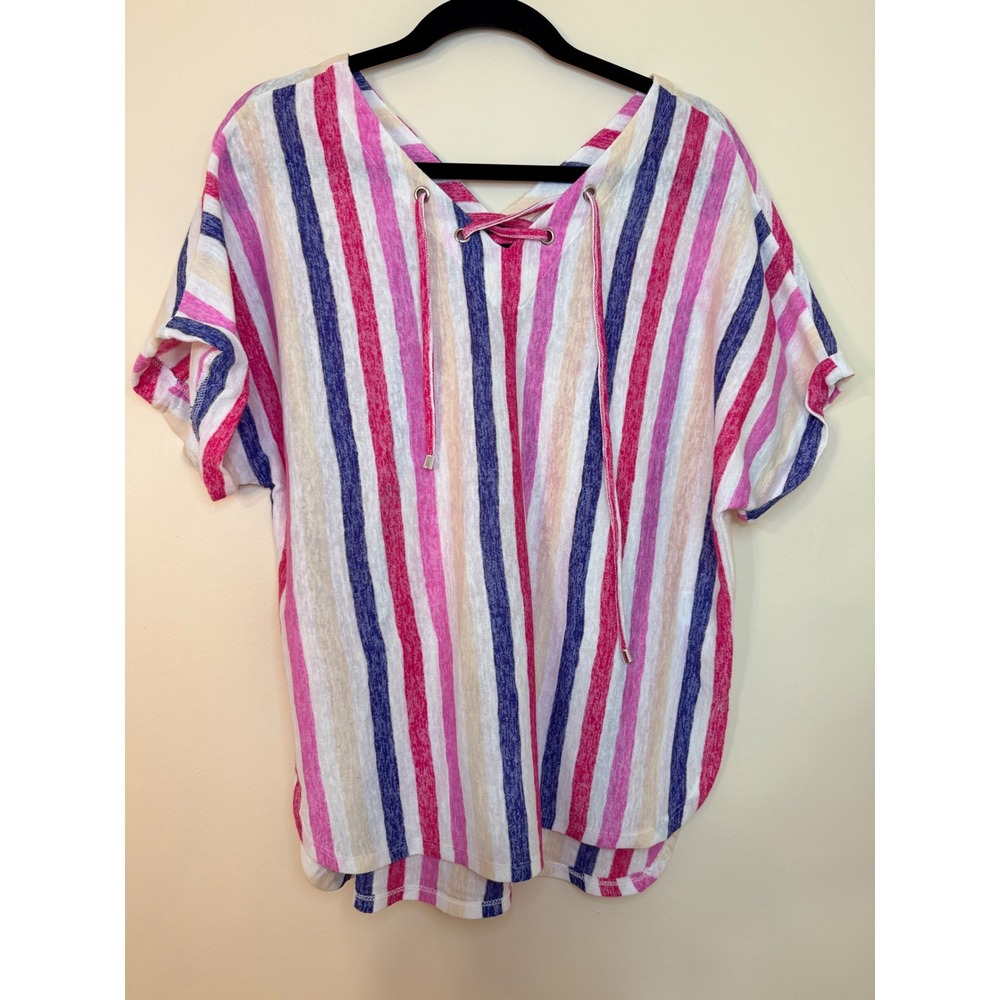 Ella Rafaella Womens Pink Striped Lace Up V-Neck Short Sleeve Top Large